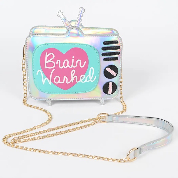 Handbags - Holographic TV-Shaped Crossbody Bag with Brain Washed Text